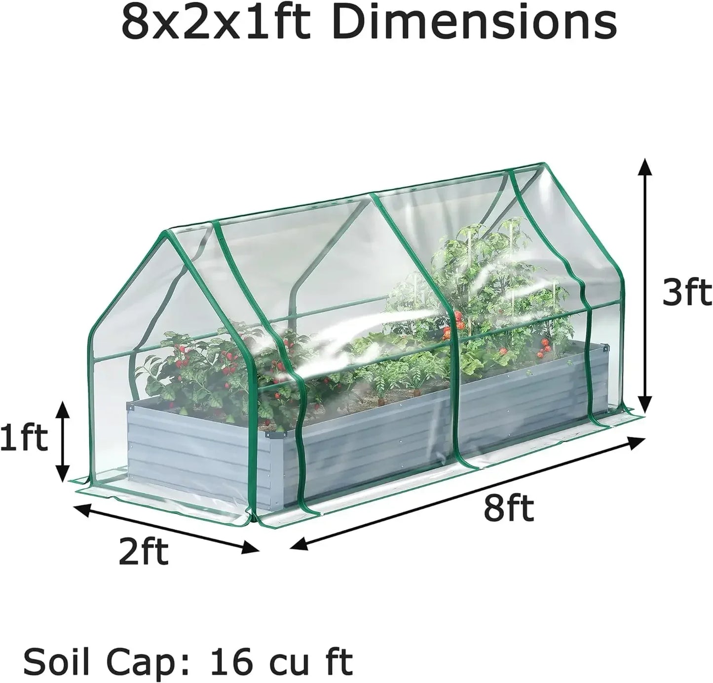 8x2x1ft Galvanized Raised Garden Bed with Cover