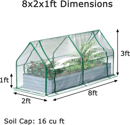 8x2x1ft Galvanized Raised Garden Bed with Cover